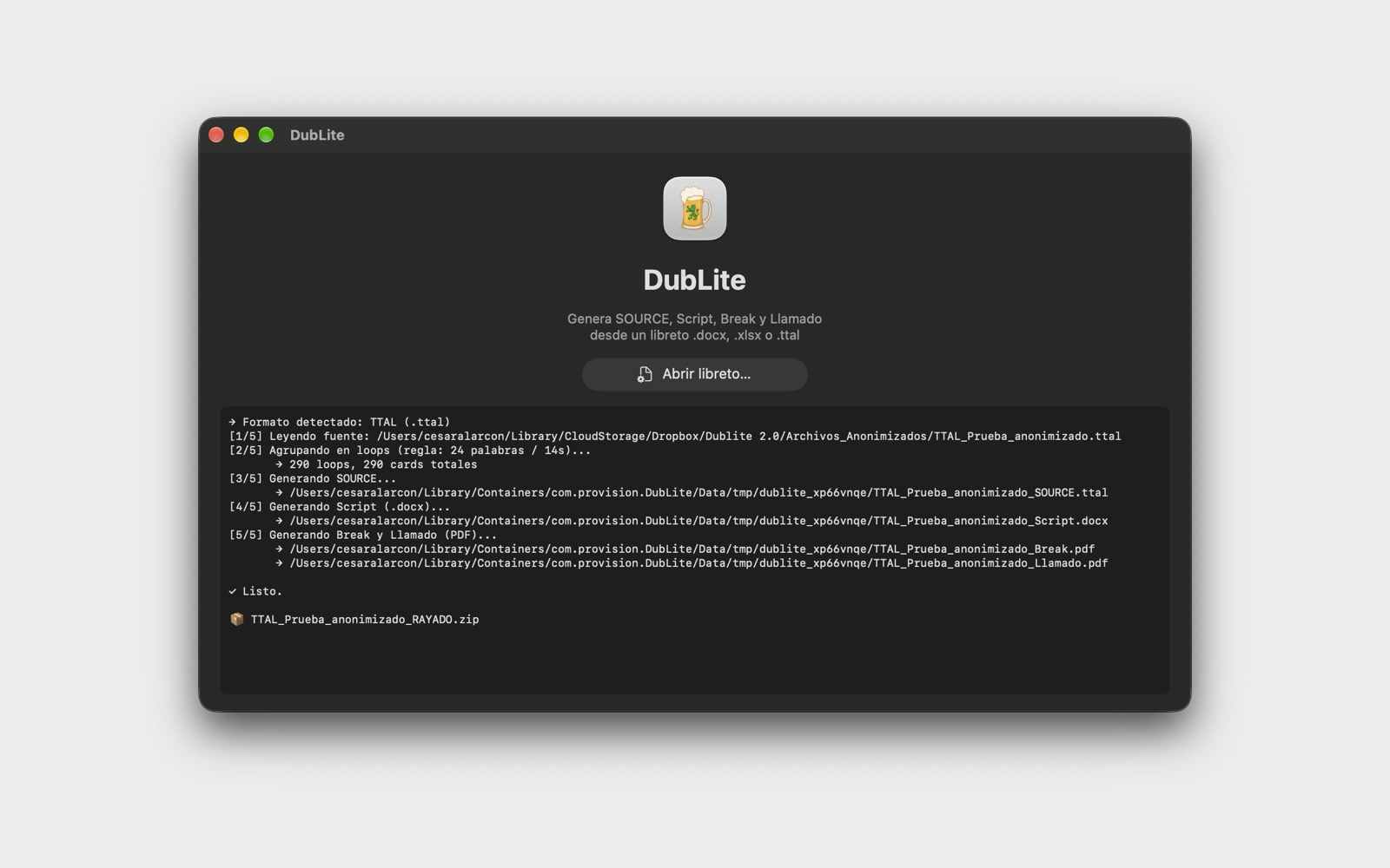 DubLite al terminar de procesar un libreto TTAL